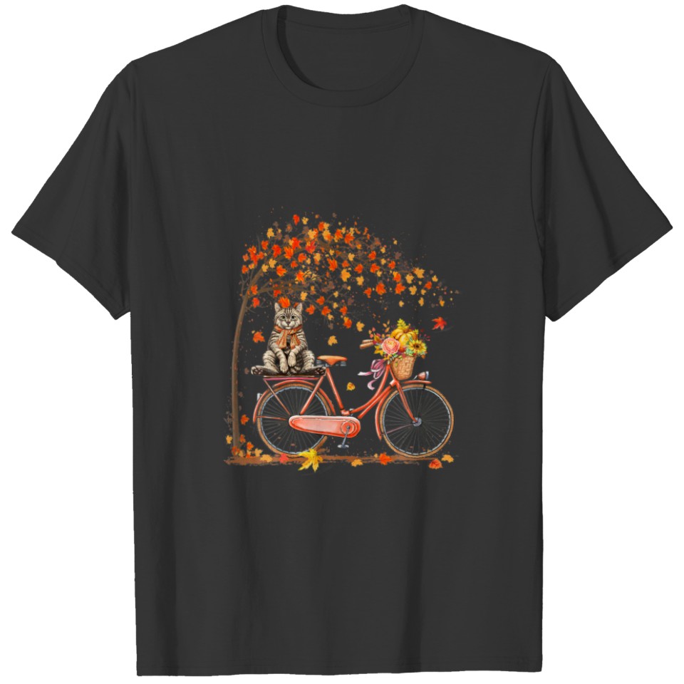 Women S Retro Bicycle Cat Autumn Leaves Fall Thank T-shirt