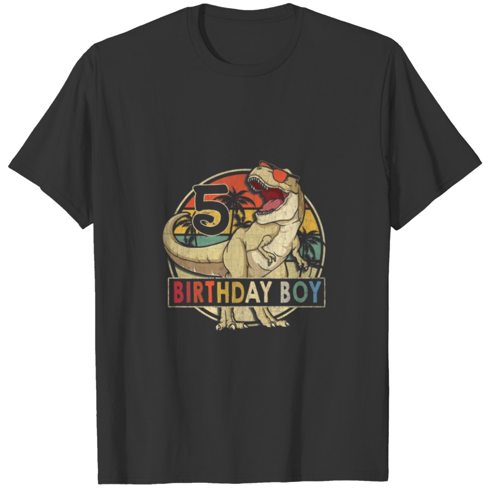 Kids 5 Year Old 5Th Birthday Boy Rex Dinosaur Vint T-shirt