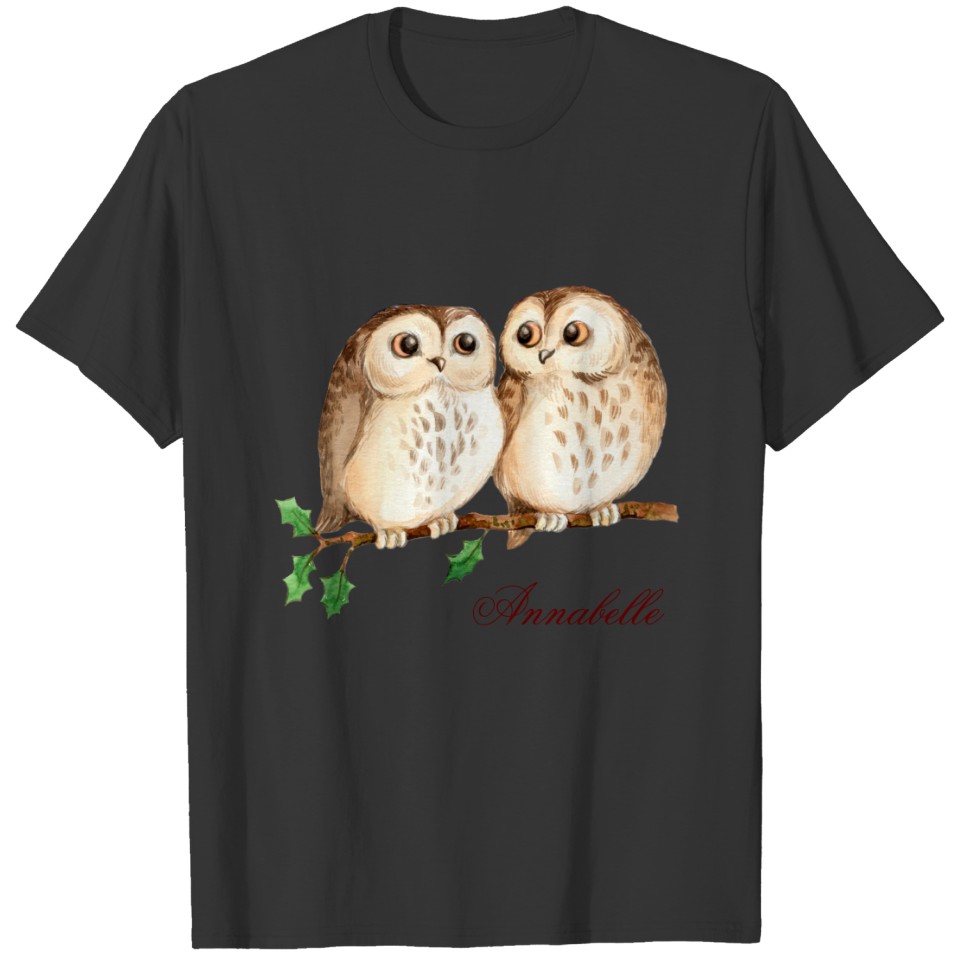 Cute owls on a branch. Personalized T-shirt