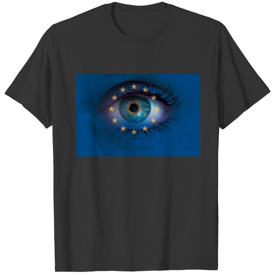 Eye looks through Europe flag background concept T-shirt