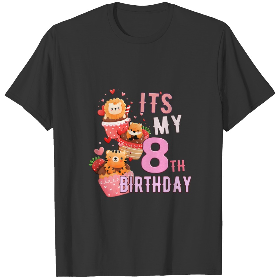 Kids Animal Cupcake Its My 8Th Birthday Girl 8 Yea T-shirt