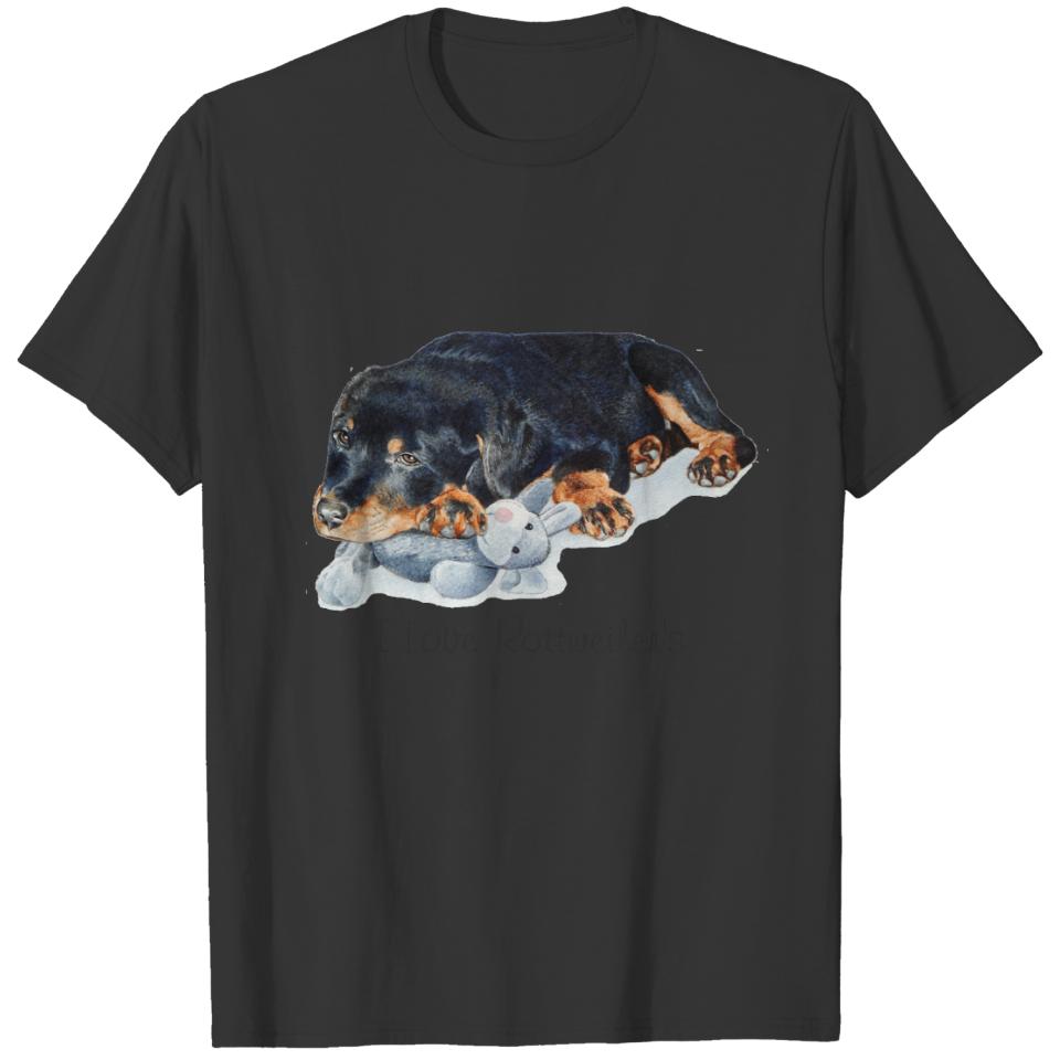cute rottweiler puppy cuddling gray teddy bear dog T-shirt
