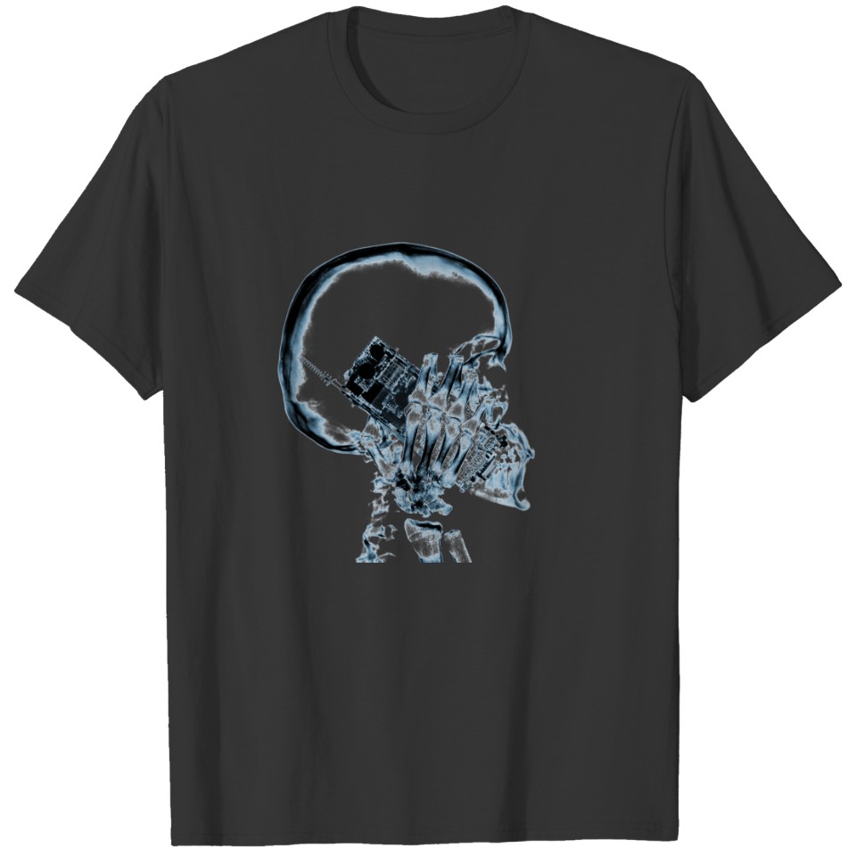 X-RAY VISION SKELETON SKULL ON PHONE - BLUE T-shirt