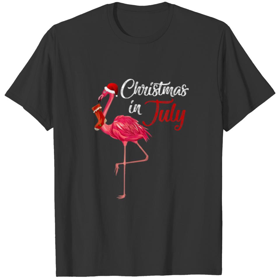 Christmas In July Flamingo Wearing Santa Hat Funny T-shirt