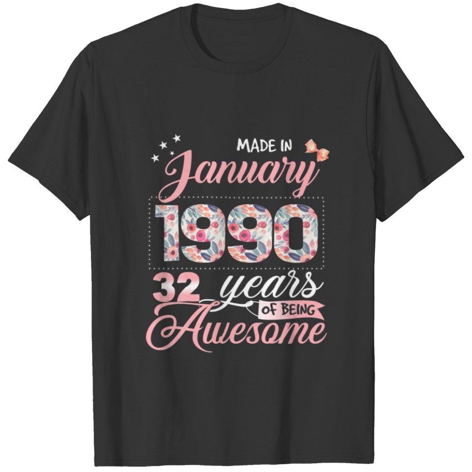 32Nd Birthday Floral Gift For Womens Born In Janua T-shirt