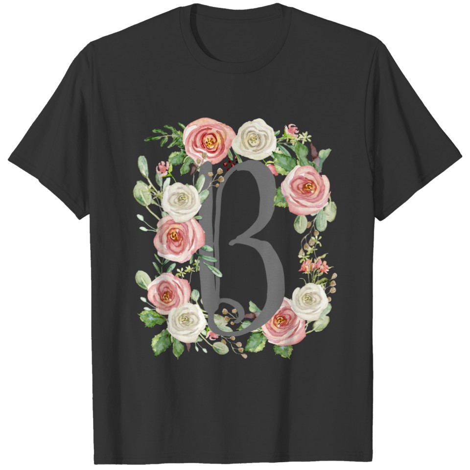 Monogram Letter B Watercolor Rose Floral Foliage T-shirt