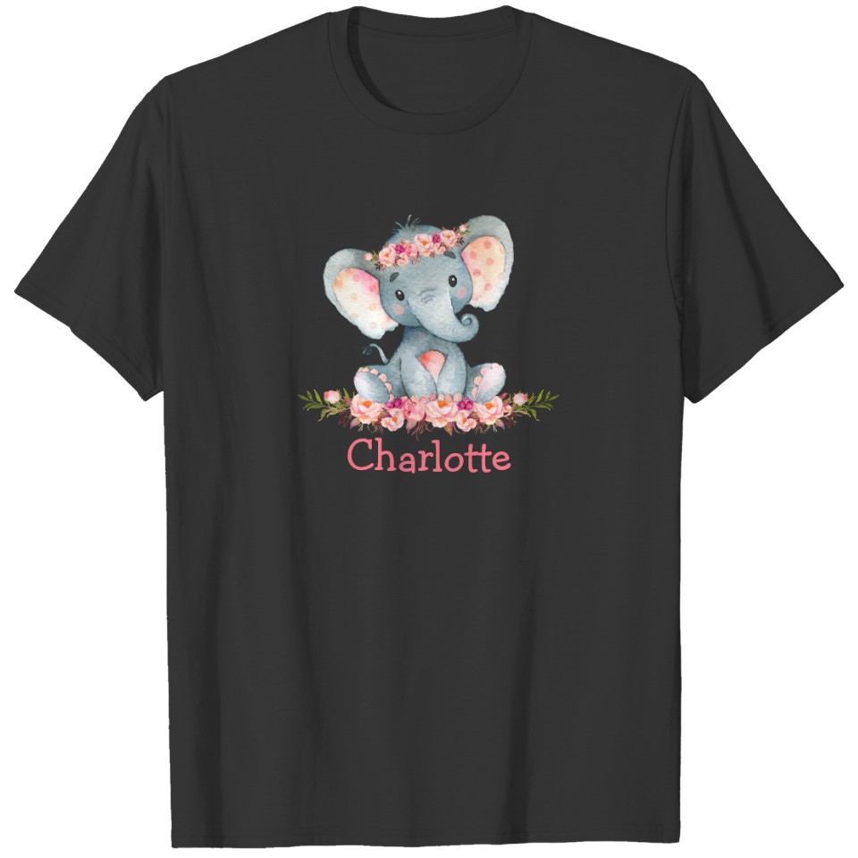 Watercolor Pink Roses Floral Baby Elephant T-shirt