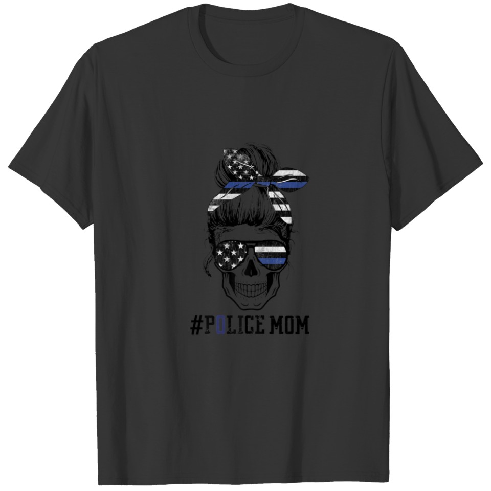 American Flag Skeleton Messy Bun Polive Mom Mother T-shirt
