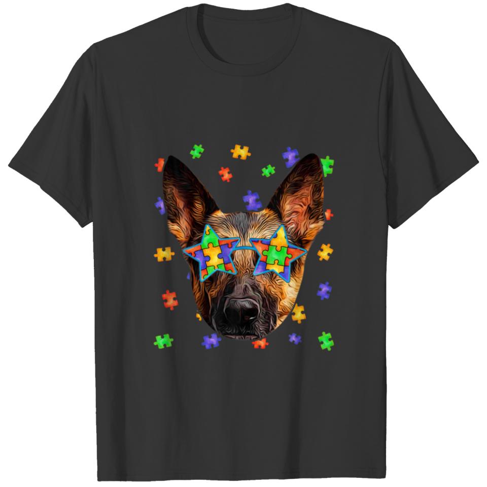 Cute Autism German Shepherd Dog Puzzle Sunglasses T-shirt