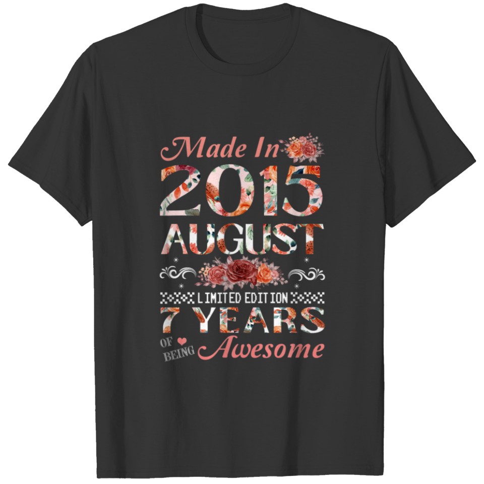 7Th Birthday Flowers Gift For Girls Born In August T-shirt