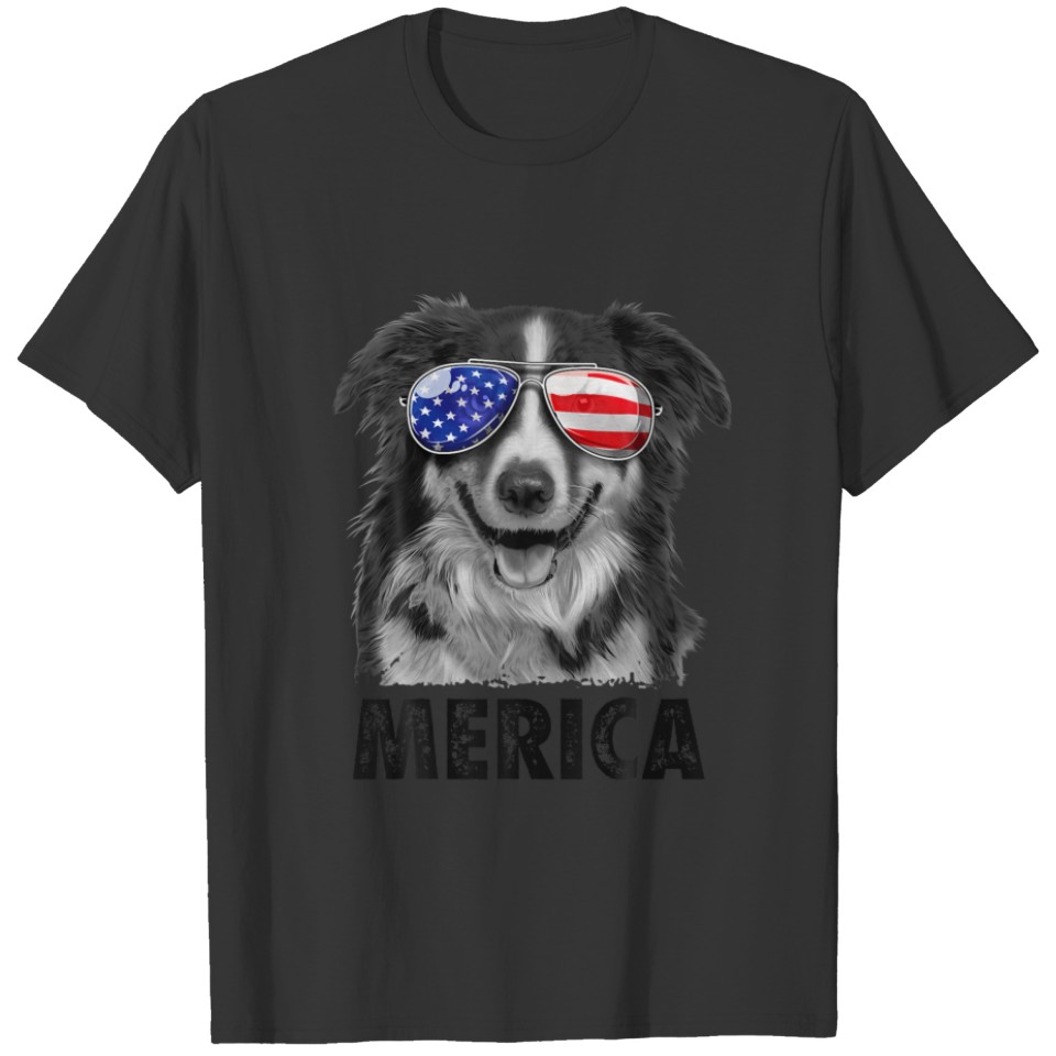 Border Collie 4Th Of July Merica American Flag Sun T-shirt