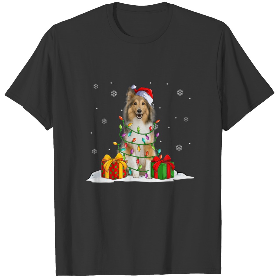 Santa Shetland Sheepdog Christmas Lights Xmas Dog T-shirt