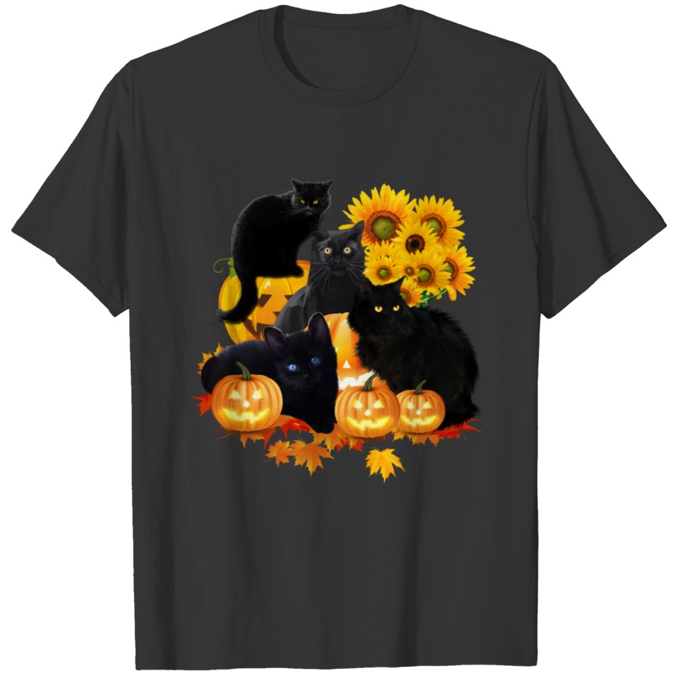 Four Cats With Pumpkin And Flowers Halloween T-shirt