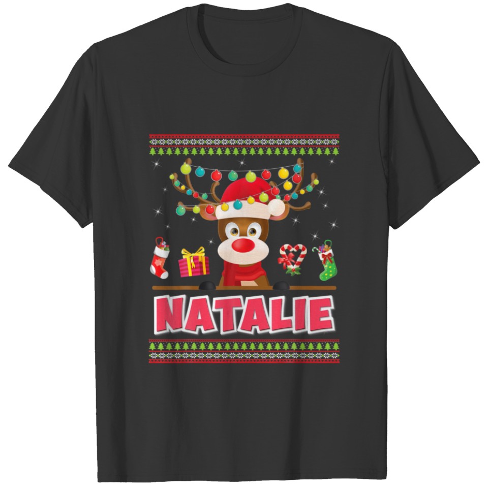 Cute Reindeer Natalie Merry Christmas Light Santa T-shirt