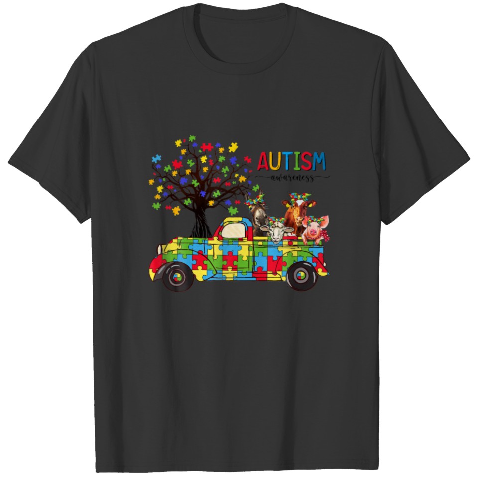 Autism Awareness Month Puzzle Pieces Truck Animal T-shirt