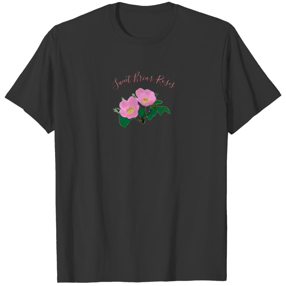 Pink Sweet Briar Roses Green Leaves Digital Art T- T-shirt