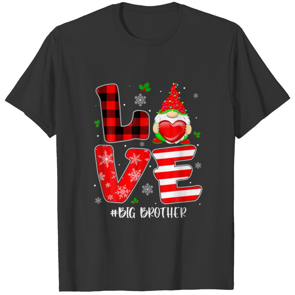 Gnome Love Big Brother Heart Red Plaid Christmas V T-shirt