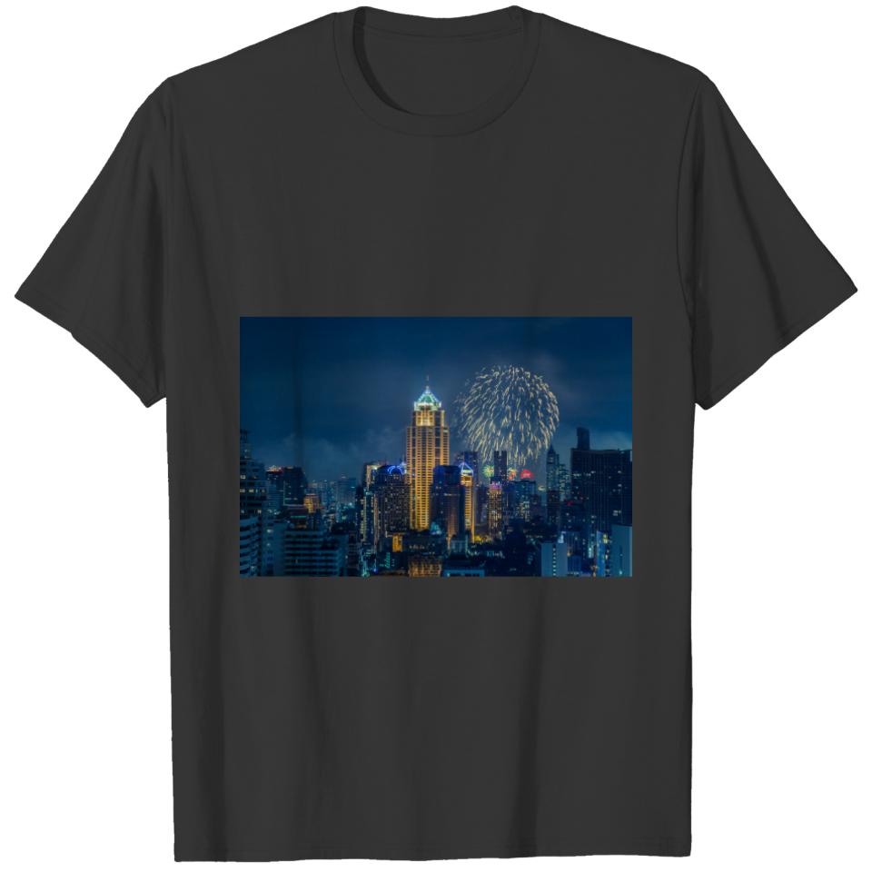 Bangkok skyline at new years eve night panorama T-shirt