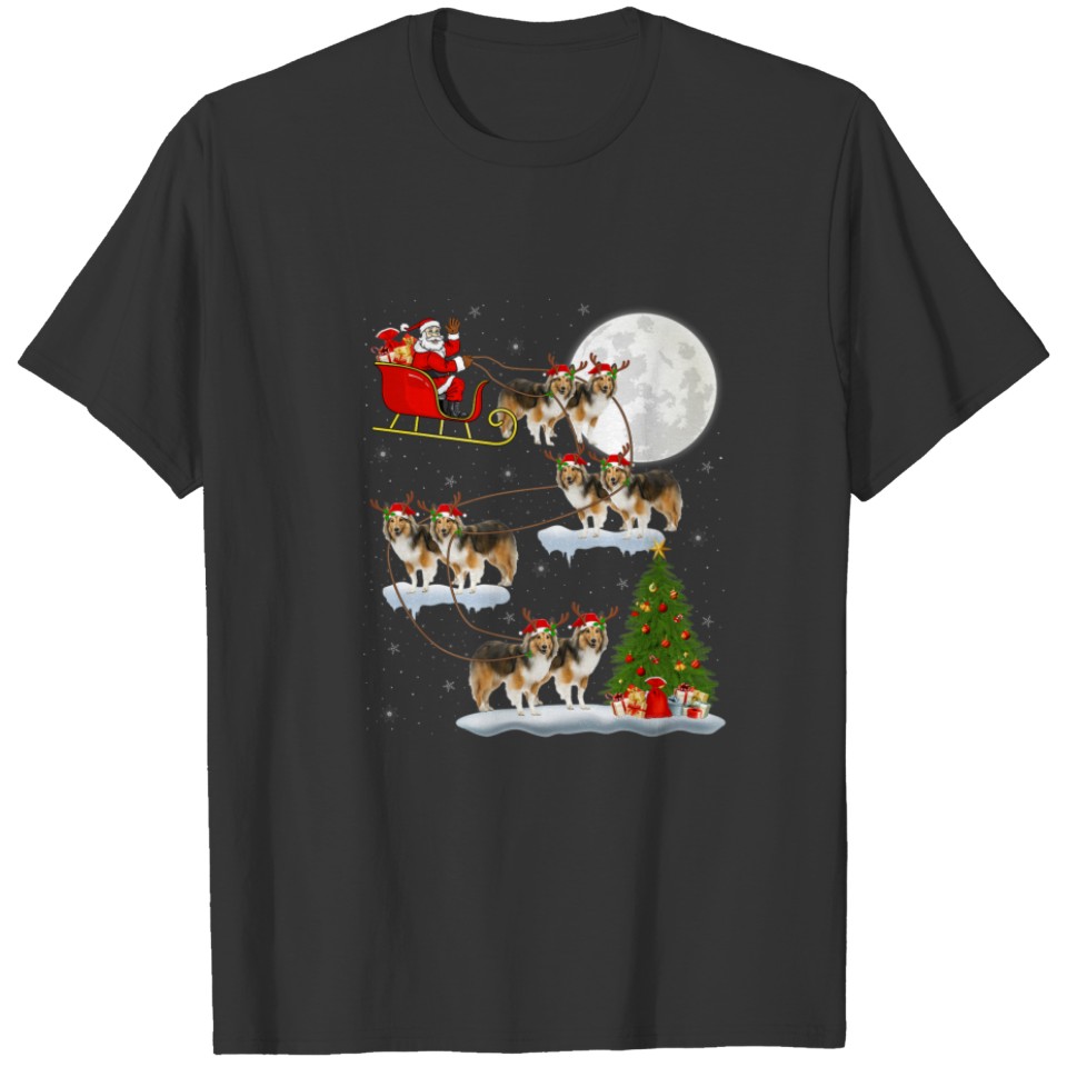 Funny Xmas Lighting Tree Santa Riding Sheltie Chri T-shirt