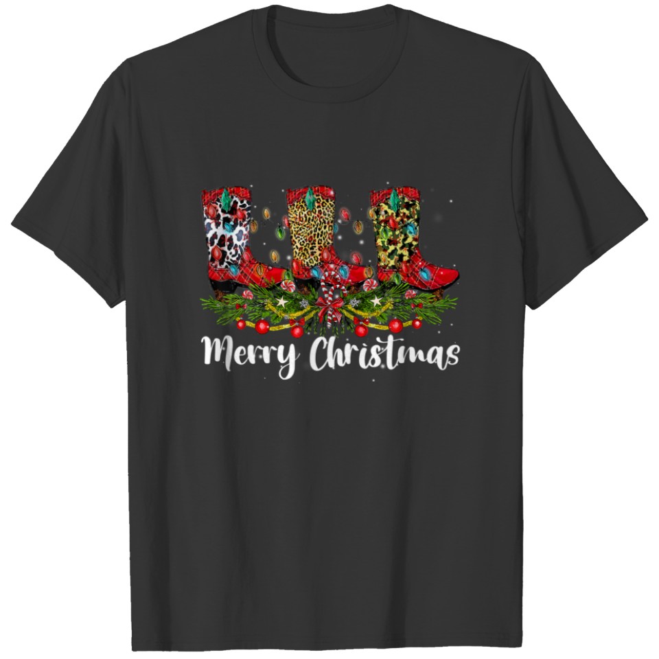 Merry Christmas Leopard Cowboy Boot Western Santa T-shirt