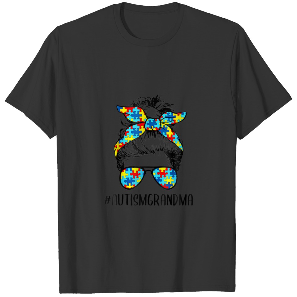 Autism Grandma Life Messy Bun Glasses Bandana Moth T-shirt
