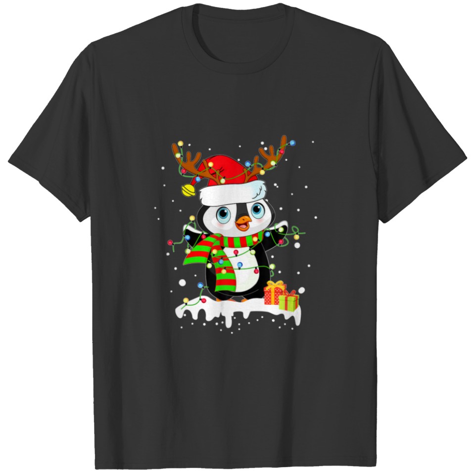 Penguin Santa Hat Christmas Lights Family Christma T-shirt