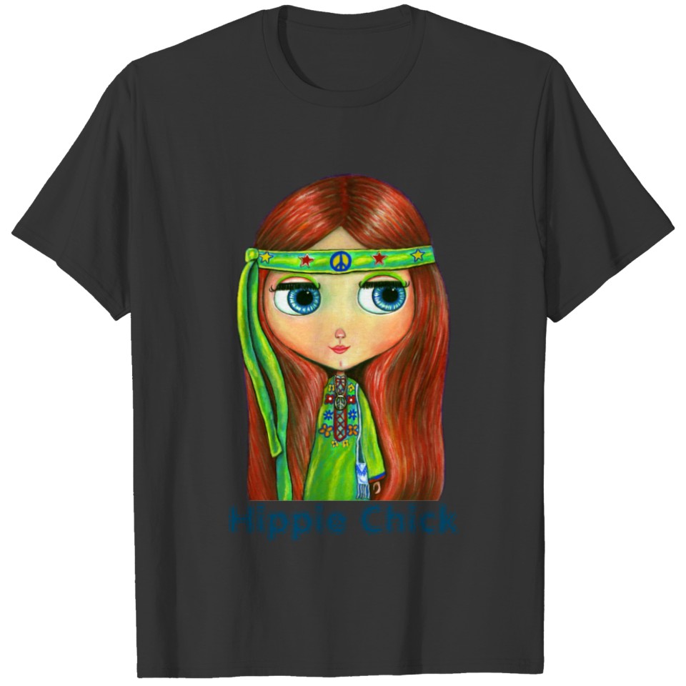 Hippie Doll Girl in Green Headband Peace Sign Cute T-shirt