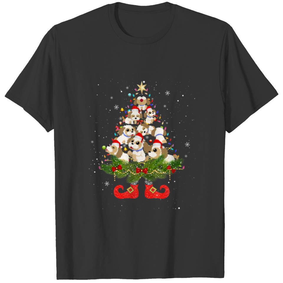 Shih Tzu Christmas Tree Lights Cute Santa Hat Dog T-shirt