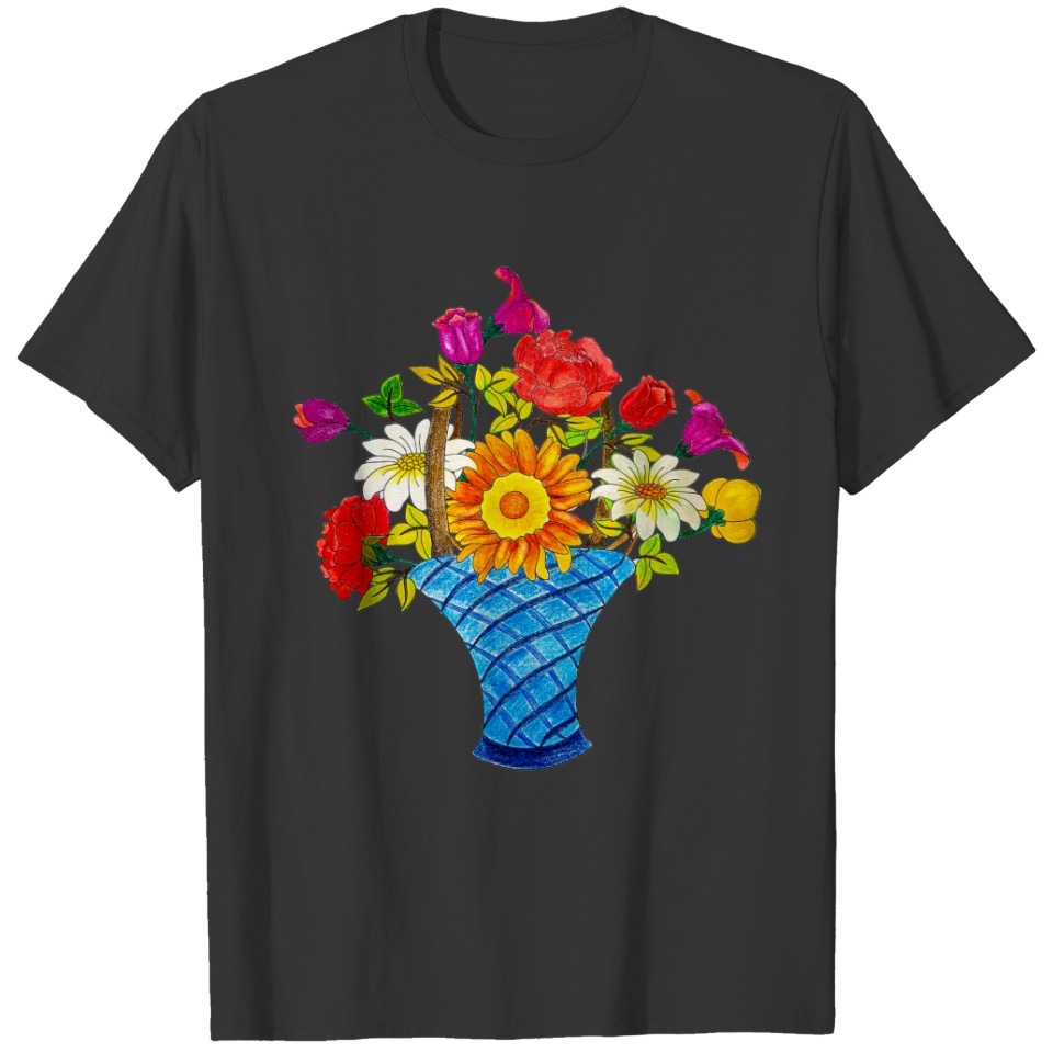 Pencil Art Sketch Pot Colorful Handdrawn Flowers T-shirt
