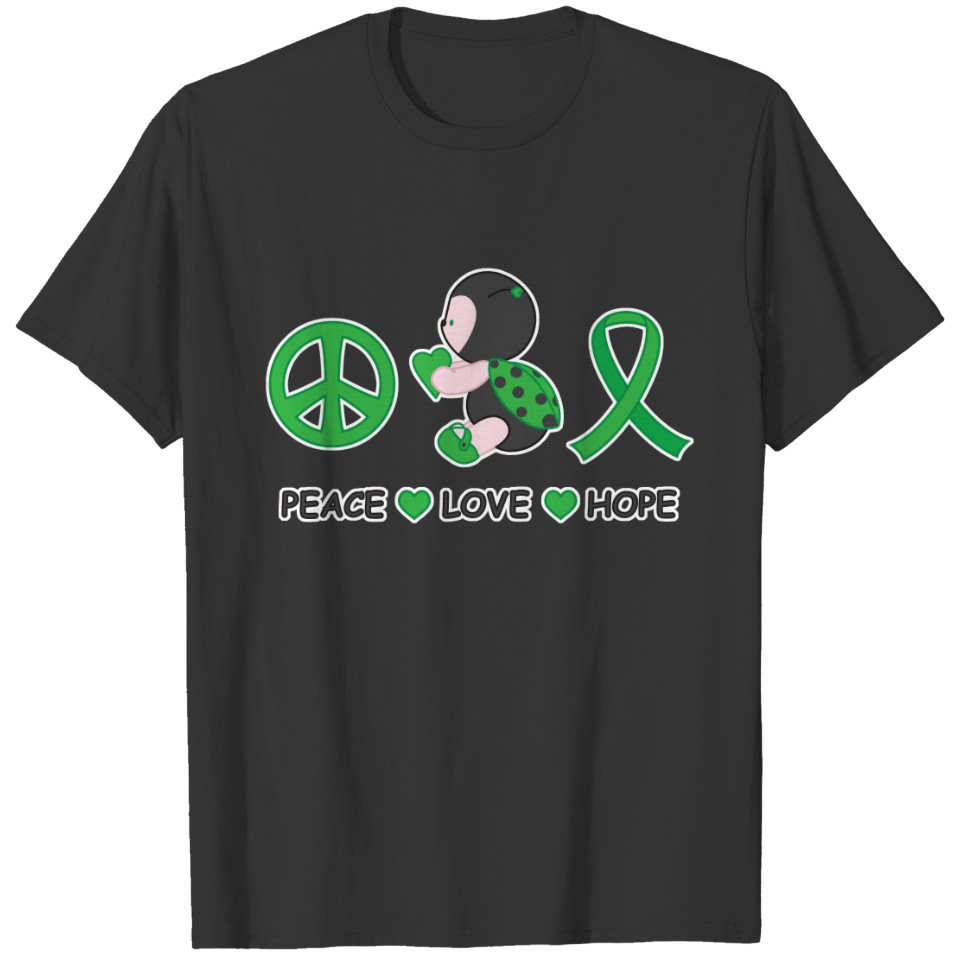 Ladybug Peace Love Hope Green Awareness Ribbon T-shirt