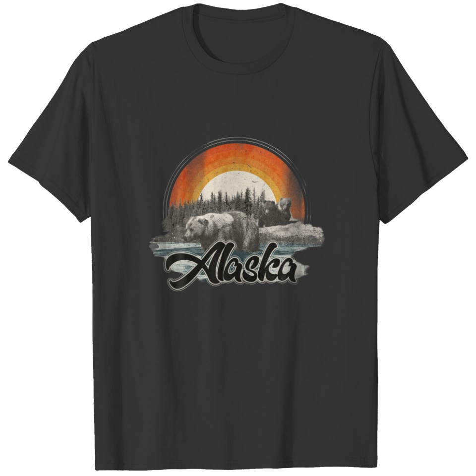 Alaska Travel Vacation Retro Vintage Sunset Bear T-shirt