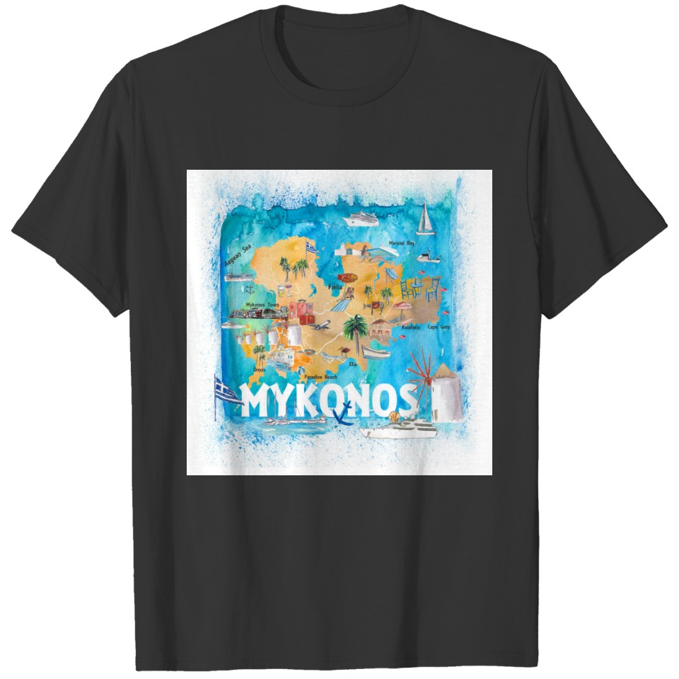 Mykonos Greece Illustrated Map with Landmarks T-shirt