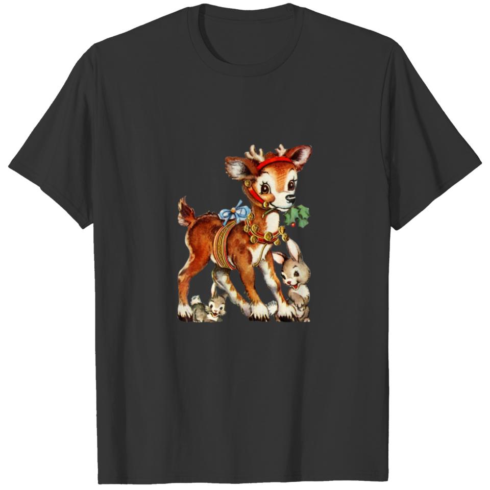 Vintage Christmas Reindeer With Bunnies Graphic T-shirt
