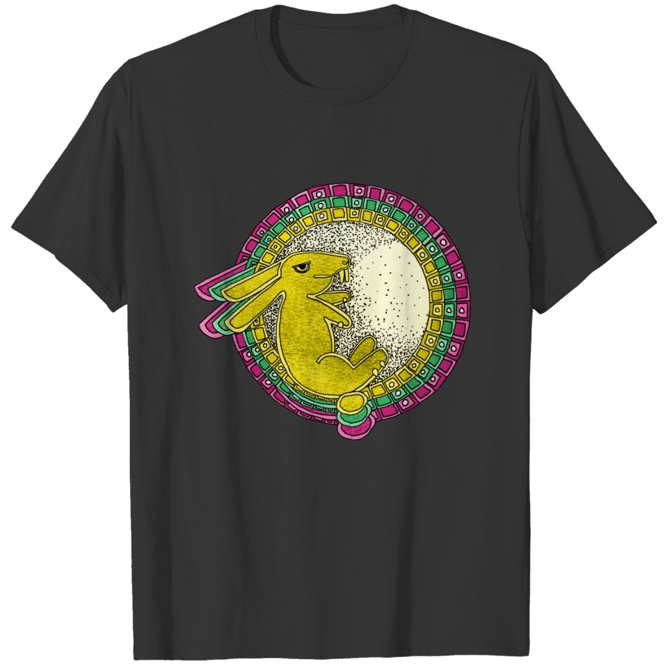 Rabbit in the Moon T (pink/green/yellow) T-shirt