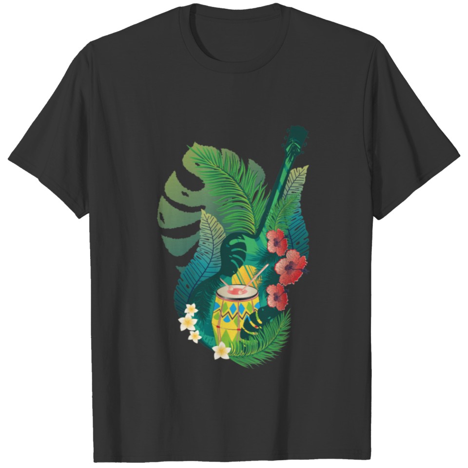 Acoustic guitar, drum and tropical leaves T-shirt