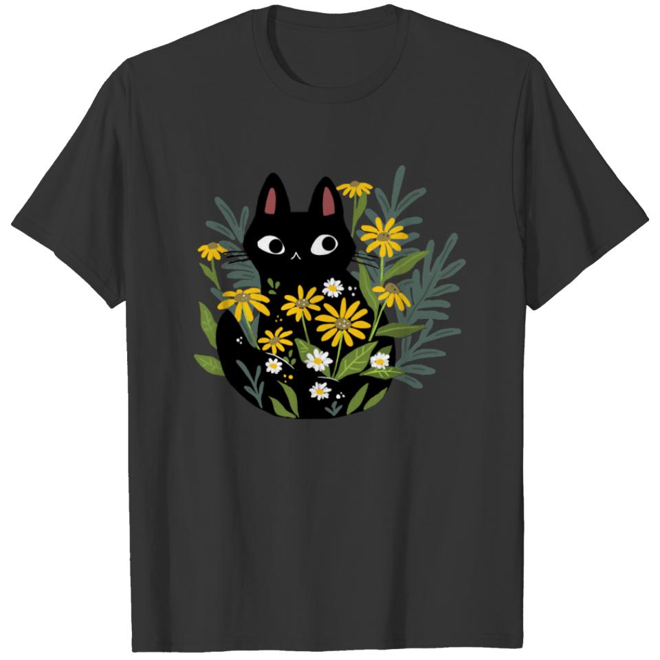 Black Cat Kitty with flowers447 Black Kitten Cat T-shirt