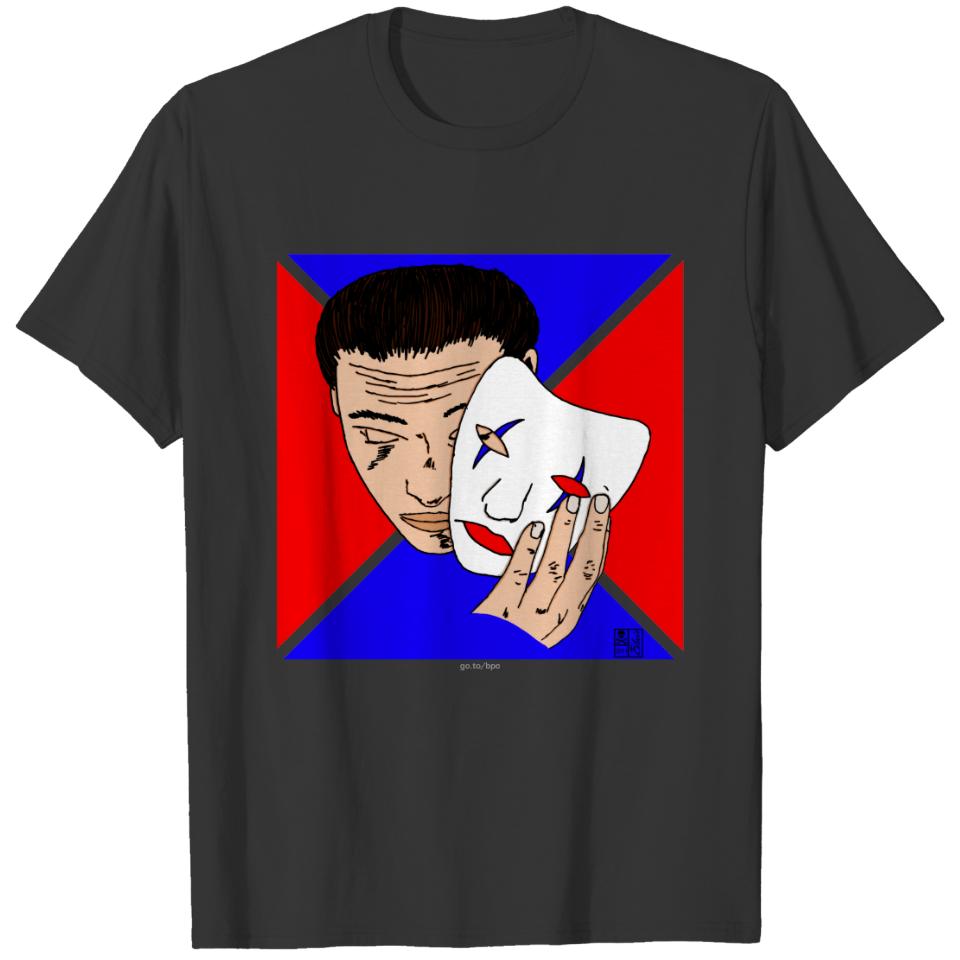 Masked Man with Bold Red and Blue Backdrop T-shirt