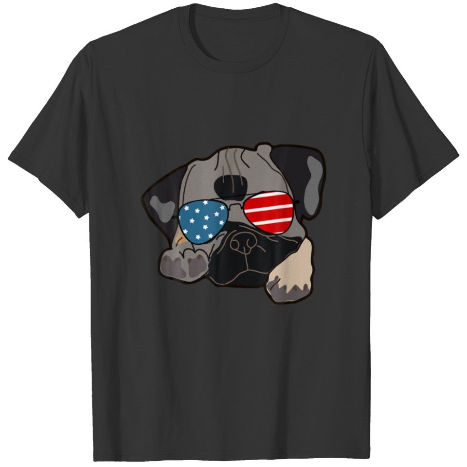 LOVE Dog Pug USA Flag Sunglasses 4Th Of July Dog L T-shirt