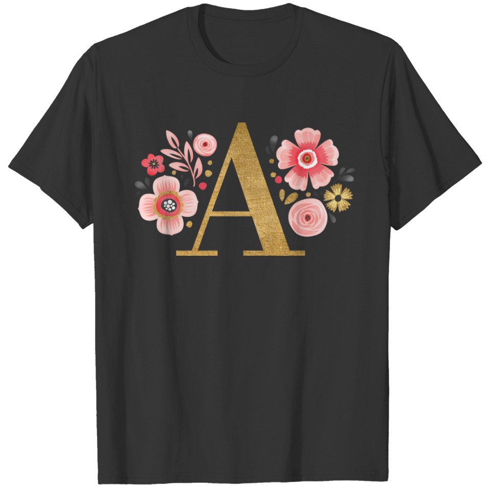 Gold Monogram Floral Initial Letter A T-shirt