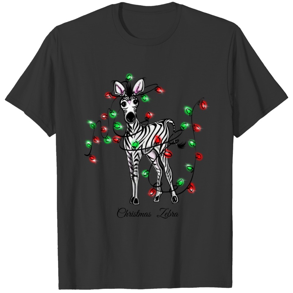 Holiday Zebra, red, green Christmas twinkle lights T-shirt