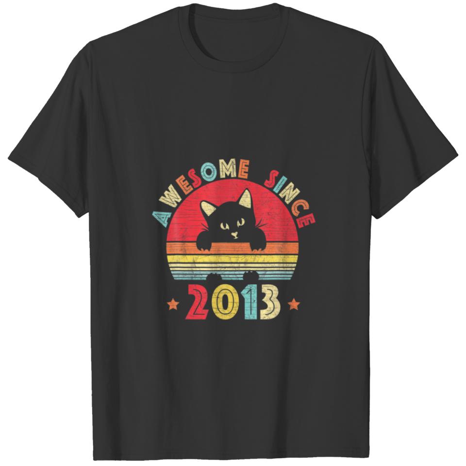 Vintage 9Th Birthday Awesome Since 2013 Retro Cat T-shirt