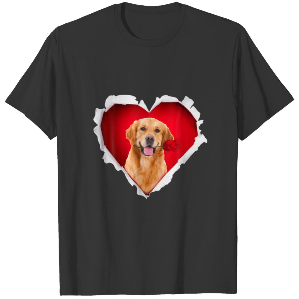 Golden Retriever Rose Heart Valentines Day Couple T-shirt