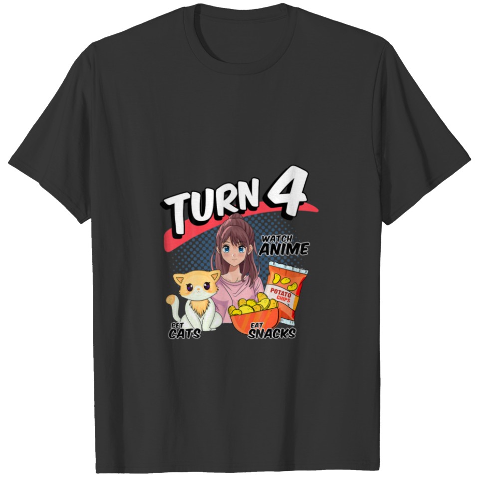 Kids 4Th Birthday Anime Girl Turns 4 Pet Cats Watc T-shirt