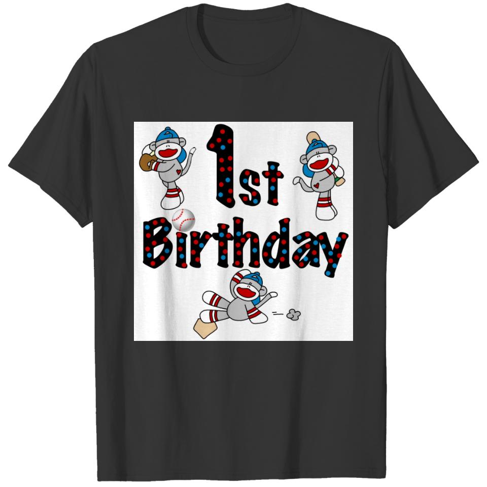 1st Sock Monkey Baseball Birthday T-shirt