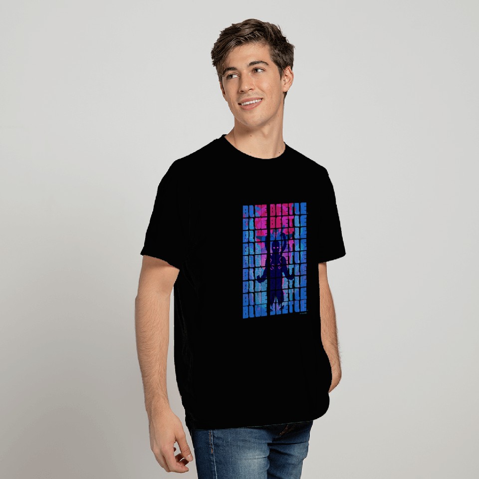 Blue Beetle Repeated Stacked Text Neon Silhouettes Poster T-Shirts