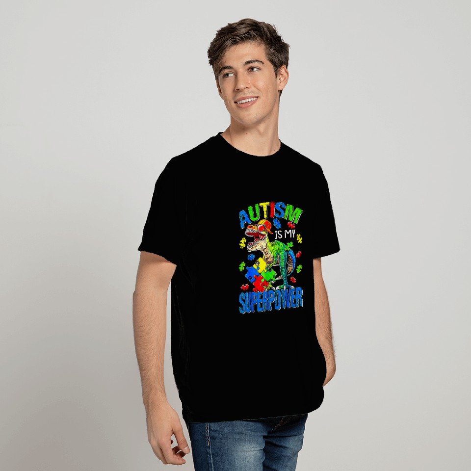 Autism Puzzle Dino T rexs Autism Is My Superpower Autism Awareness Kids T-Shirts