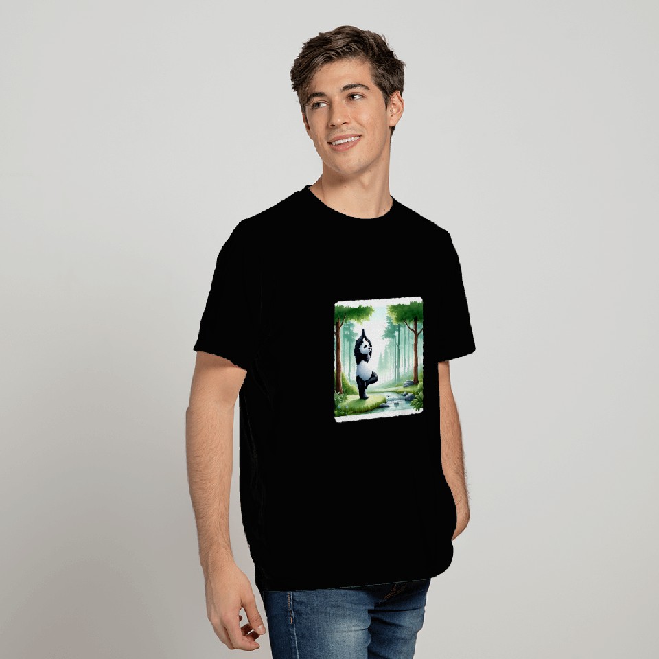 Panda Pet Practicing Yoga In A Forest Clearing Trees Stream T-Shirts