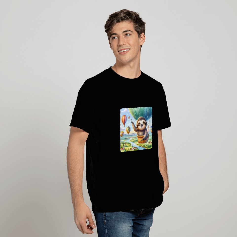 Sloth Pet Piloting A Balloon Sky Landscape Adventure T-Shirts
