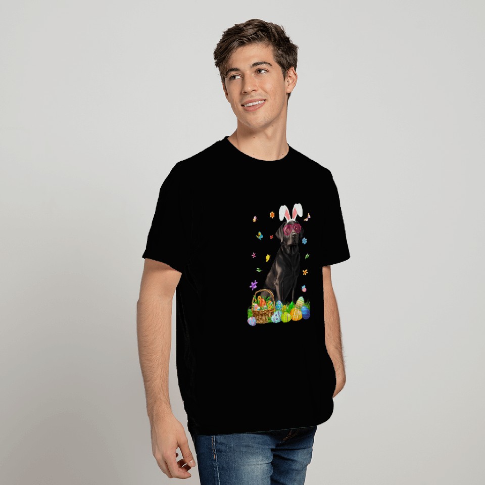 Black Labrador Dog With Bunny Ears Egg Basket Easter Day T-Shirts