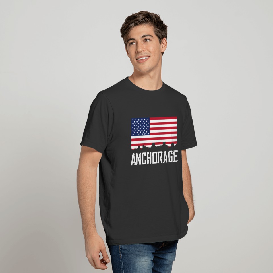 Anchorage Alaska Skyline American Flag T-shirt